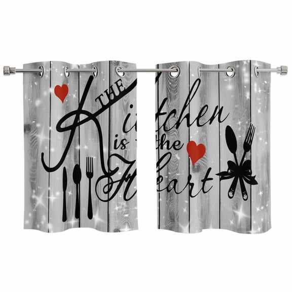 2 Panels Kitchen Tier Curtains 39 Inch Length, Grey Kitchen Knife Fork Grommets Window Treatment Curtain, Fork Wooden Modern Art Thermal Curtains Drapes for Living Room/Bathroom
