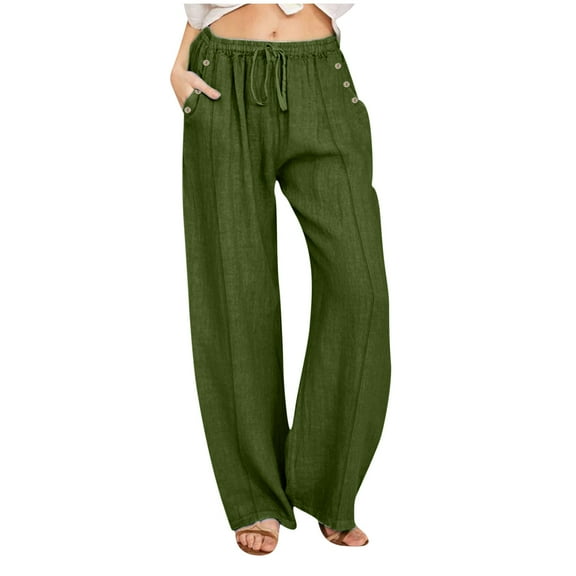 lcziwo Womens Casual Cotton Linen Palazzo Pants Elastic Waist Drawstring Summer 2025 Trousers Wide Leg with Pockets Loose Fit Pant Army Green,M