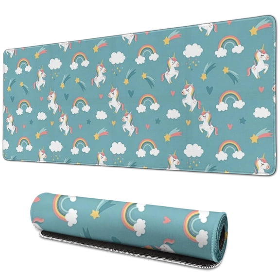 Long Mouse Pads for Desk,Blue Cartoon Unicorn Rainbow Star Cloud Desk Mats on Top Of Desks, Desk Mouse Pad Extra Large with 3mm Non-Slip Base and Stitched Edge for Gaming,Work,Home 31.5"x11.8"