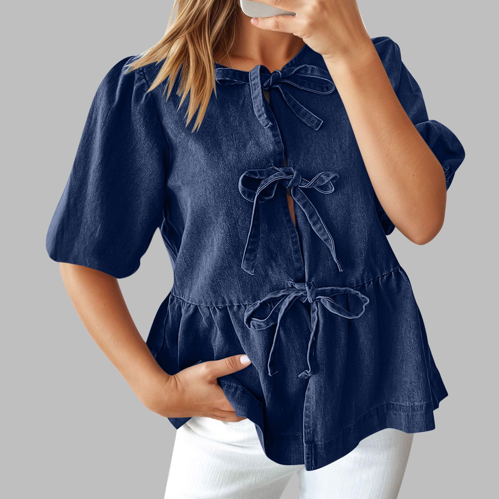 Womens Tops Under $10, Womens Denim Tie Front Tops Babydoll Peplum Puff Sleeve Jean Shirts Crew Neck Summer Casual Bow Blouses