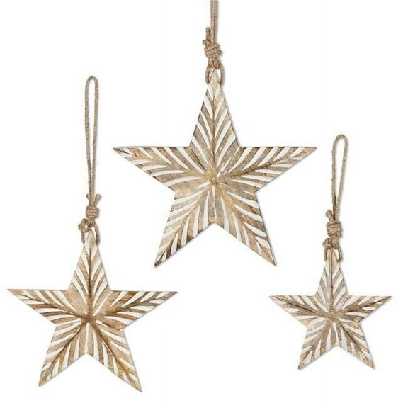 Lone Elm Studios 95031EC Assorted Hanging Engraved Mango Wood Stars, Brown - Set of 3
