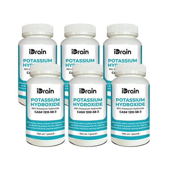 Potassium Hydroxide (Caustic Potash) (KOH) - Chemical for Laboratory, Soaps, Batteries, Electroplating, Drain Cleaner, Food, Fertilizers, Fragrances, Makeup, Nail & Skincare - 1 Pound | Pack of 6