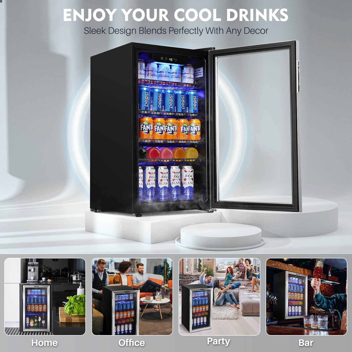 AstroAI Beverage Refrigerator 90 Liter/120 Can, Mini Fridge with Glass Door for Beer Soda or Wine, Drink Fridge for Office, Bar, Home