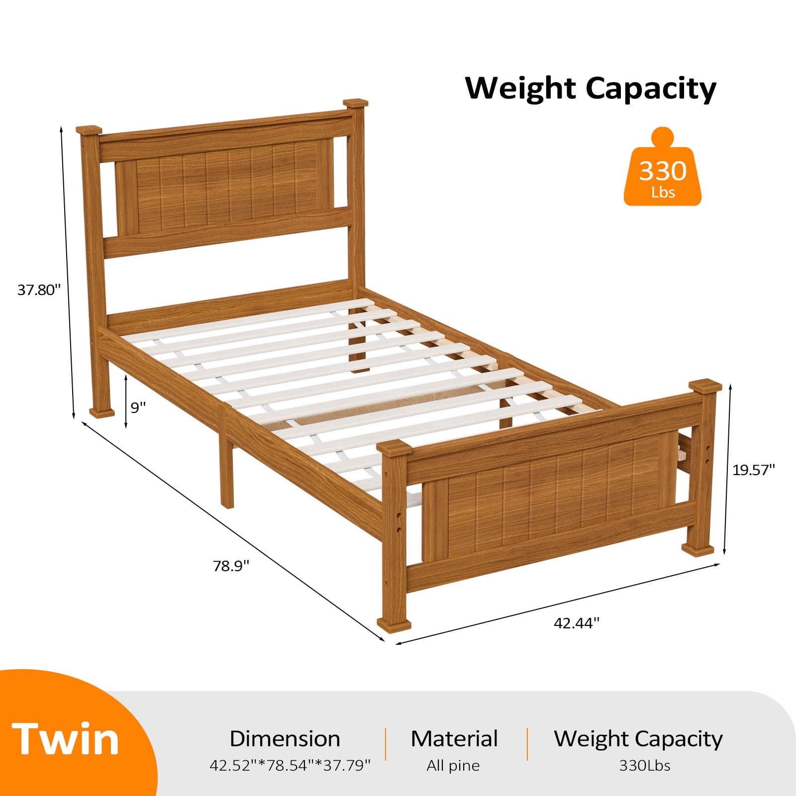 Zimtown Twin Bed Frame,Solid Pine Wood Platform Bed Frame, Bedroom Bed with Headboard, Brown