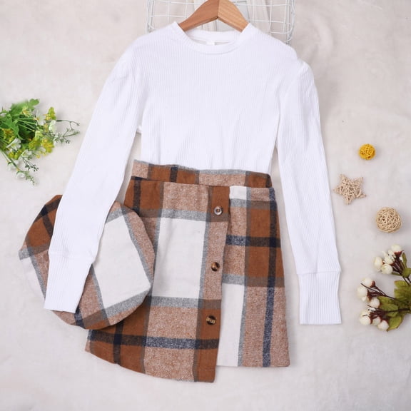 Toddler Kids Child Girls Long Sleeve Ribbed Solid Tops Blouse Plaid Skirt with Hat Outfit Set 3PCS