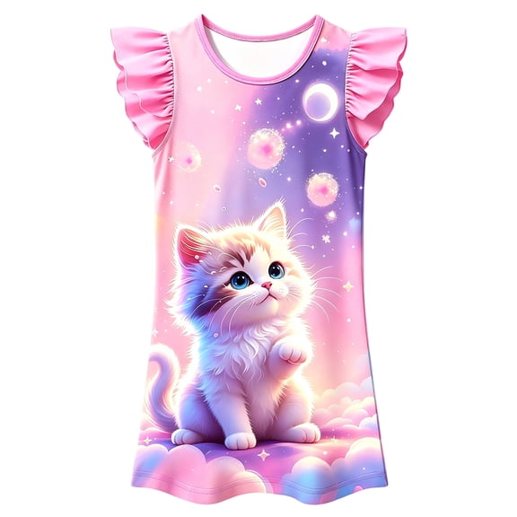 Ruiwil Toddler Girls Nightgown Dailywear Casual Cute Cat Print Flutter Sleeve Crew Neck Clothes Summer Fashion Girls Sleep Dress Size 3-4 Years Pink