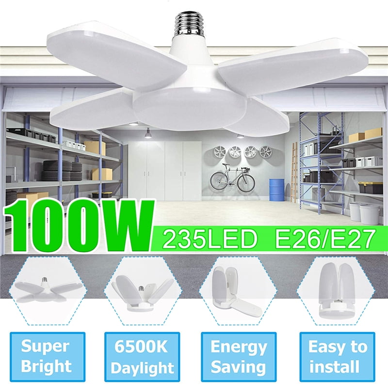 Workshop,High Bay and Yard(Black) Warehouse Barn Deformable Led Garage Lights,4 Adjustable Leaf Garage Lights Ceiling LED 150W,15000LM E26//E27 Garage Light Bulb Fits for Garage
