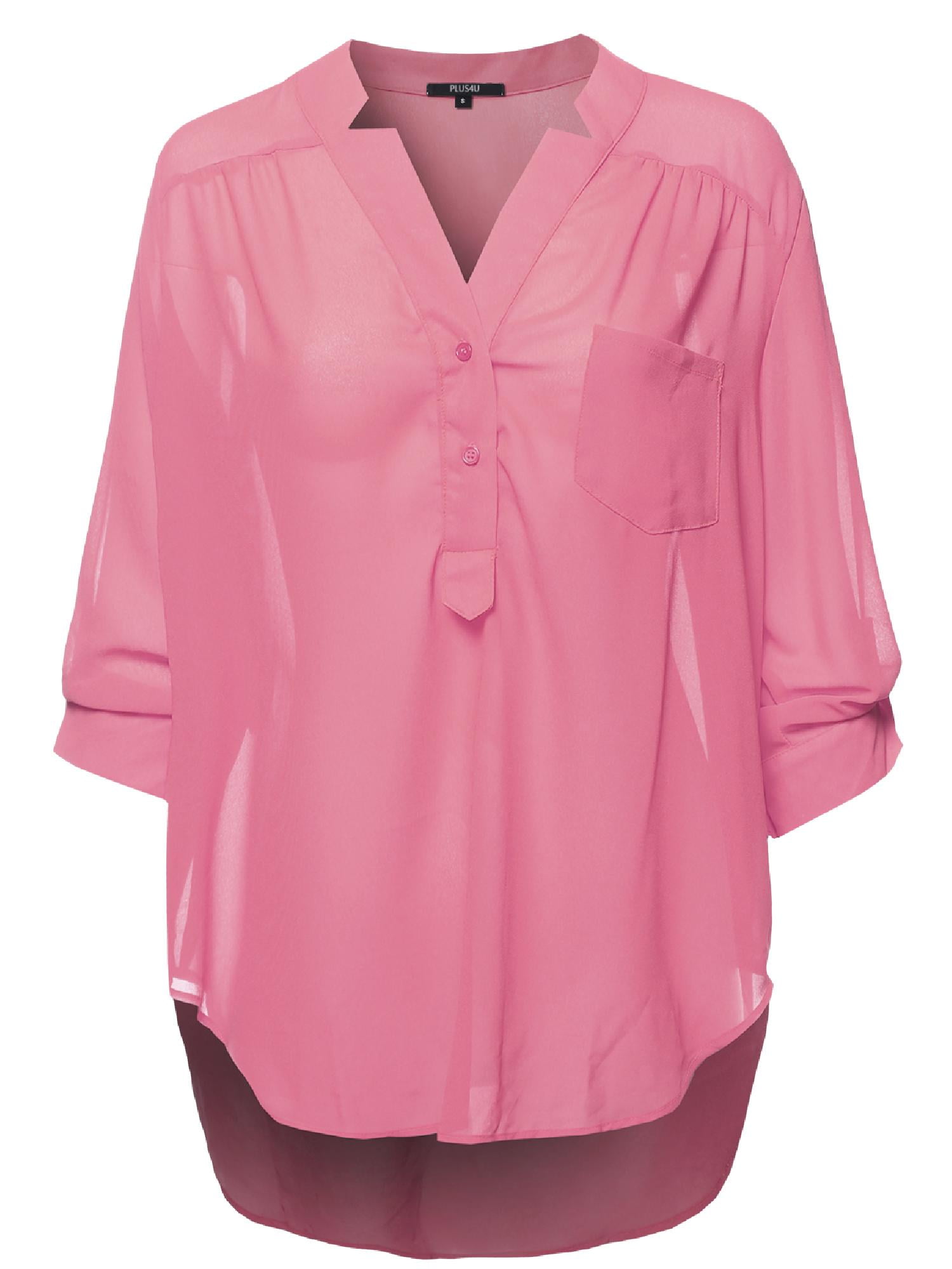 FashionOutfit Women's Plus Size Henley Neck w/ Pocket 3/4 Sleeve Sheer Blouse Top - Walmart.com