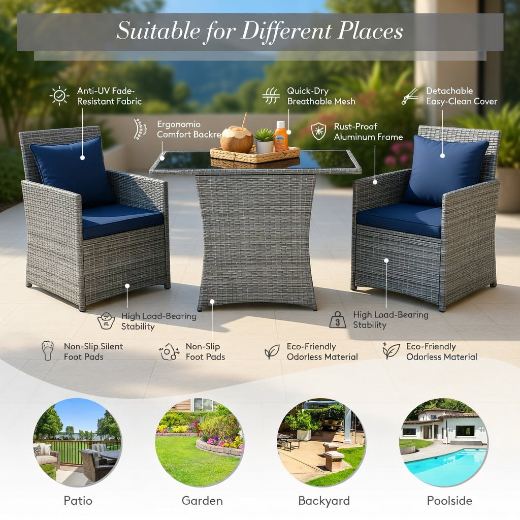 Hommoo 3-Piece Outdoor Rattan Patio Furniture Set, Steel Frame Sofa Chairs with Tempered Glass Table and Removable Cushions for Porch, Balcony, Garden, Navy