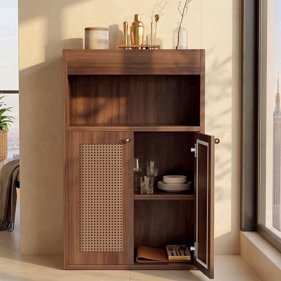 OMCMUU Over Toilet Cabinet with Rattan Doors and Tissue Holder, Scratch-Resistant, Walnut Finish