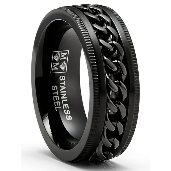 Metal Masters Mens Stainless Steel Curb Chain Link Spinner Fidget Ring Anxiety Band Black Blue 8mm