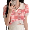 thumbnail image 4 of Camisas de punto de manga corta para mujer, Blusa de manga corta con estampado de cuadros en forma de corazón y cuello vuelto adelgazante y elegante, 4 of 8
