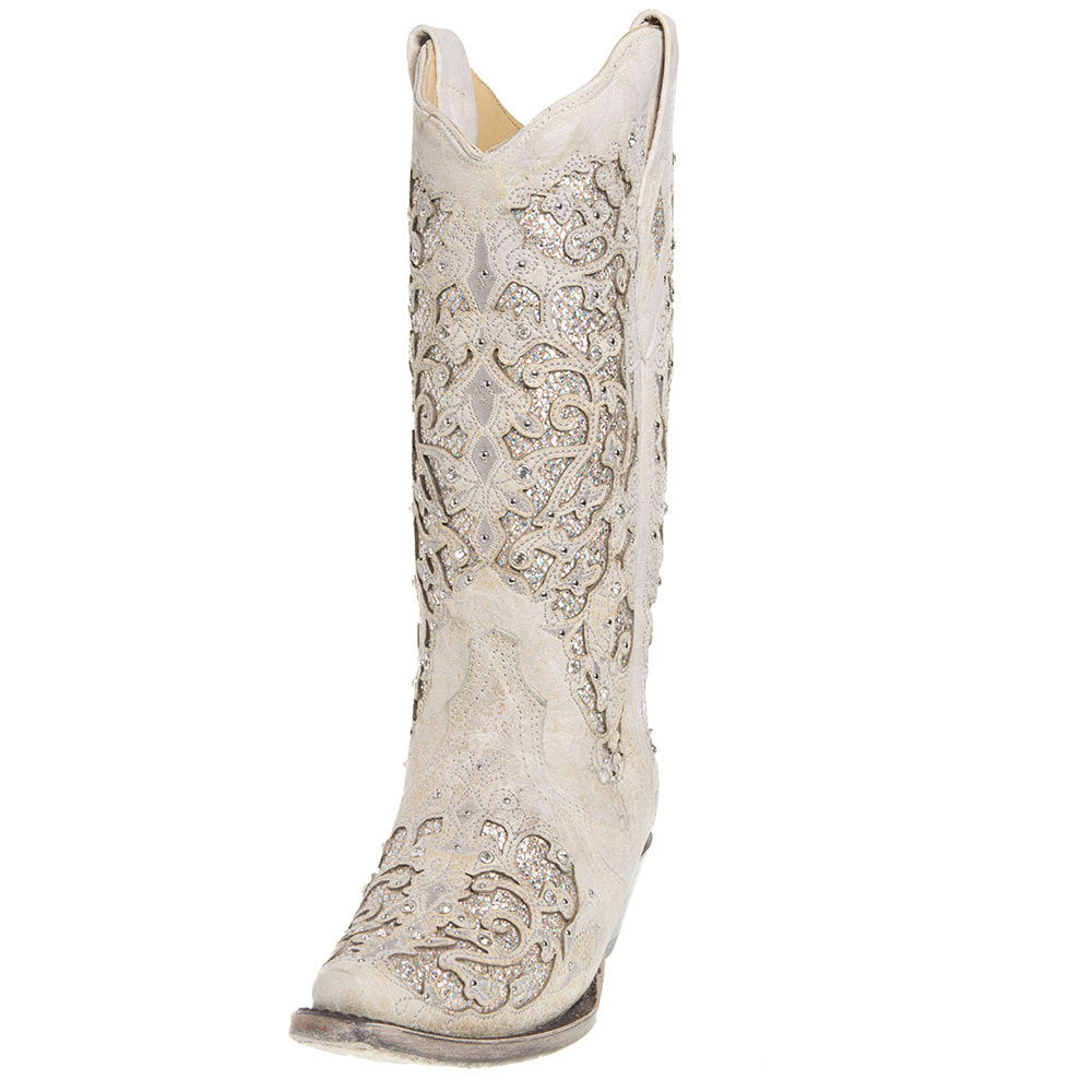Corral Women's 14-inch Off White Glitter Inlay & Crystals Snip Toe Pull-On 