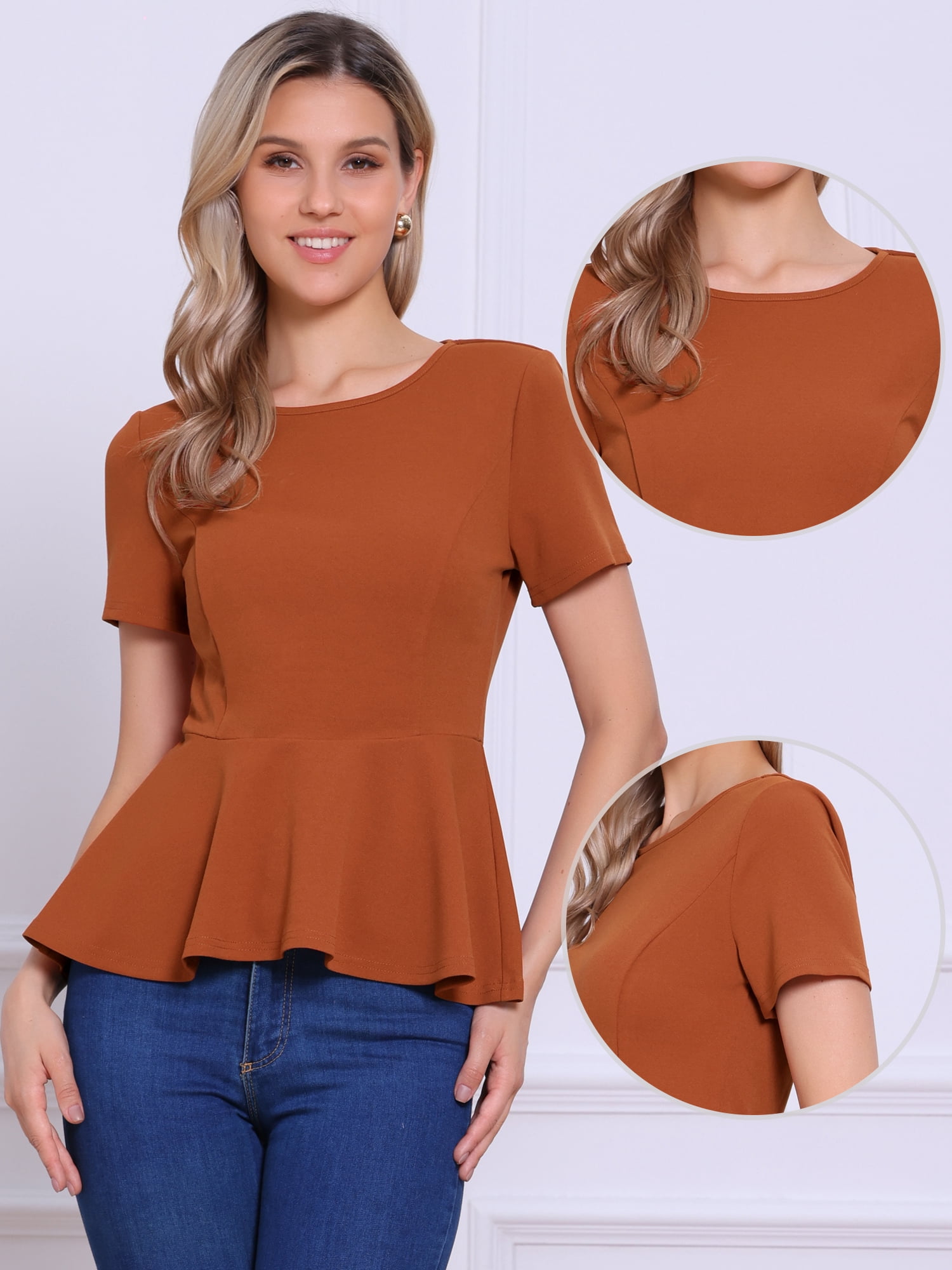 DARING DIVA Women's Peplum Tops Short Sleeve Crew Neck Blouse S Burnt Orange