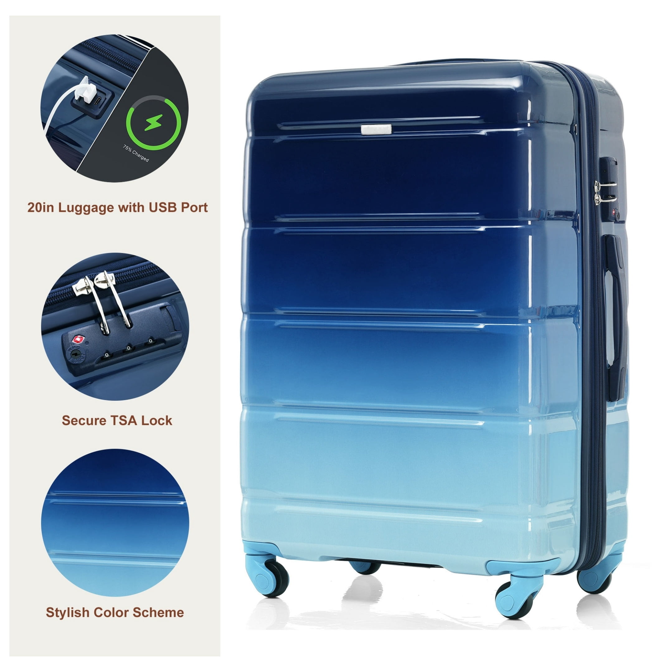 Luggage Set of 3, 20-inch with USB Port, Airline Certified Carry-on Luggage , +PC Hard Shell Luggage with Spinner Wheels, Gradient Blue