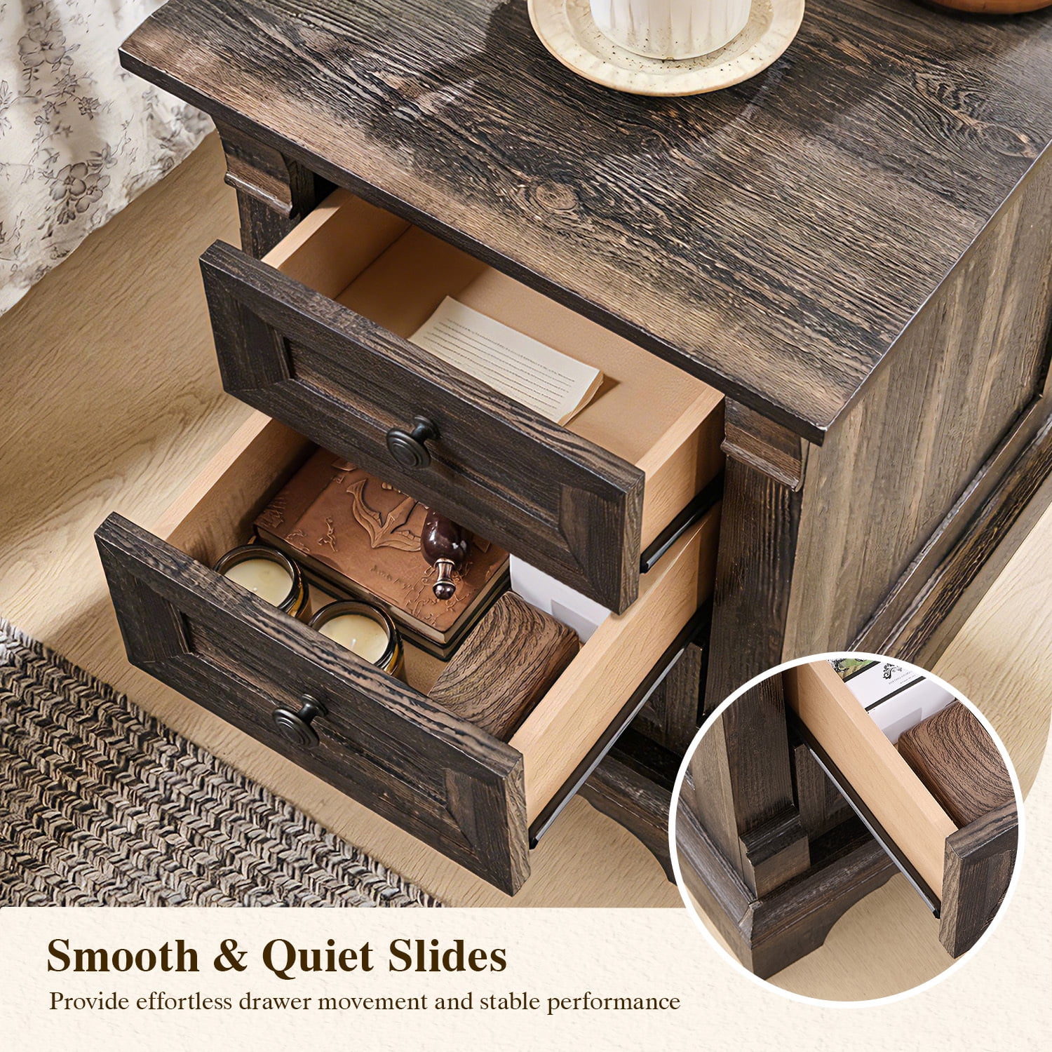 KeyWhat Farmhouse 2-Drawer Nightstand with Charging Station, 18" Wooden End Table for Bedroom, Living Room, Dark Rustic Oak