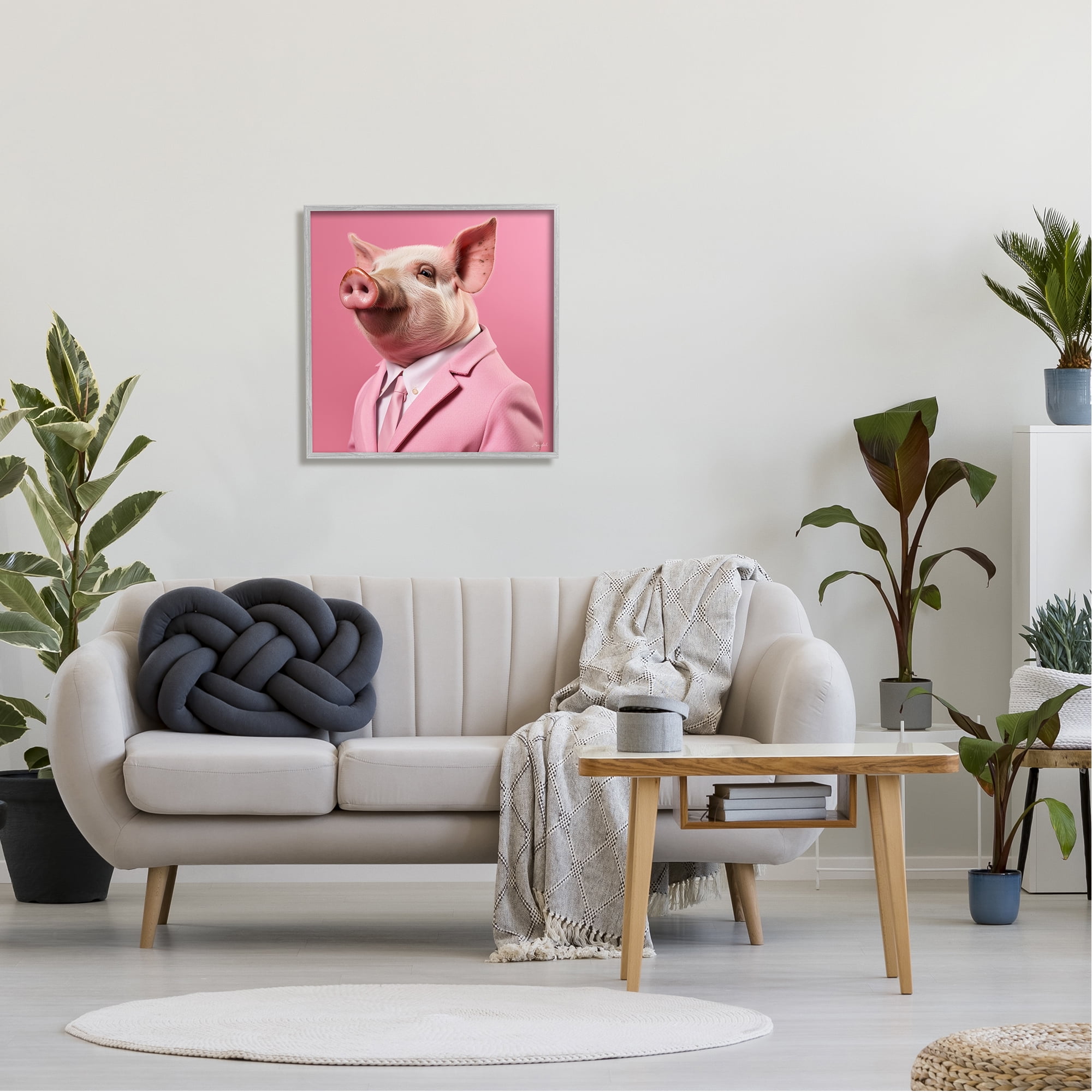 Stupell Industries Pink Pig Fashion Animals & Insects Painting Gray Framed Art Print Wall Art, 24 x 24