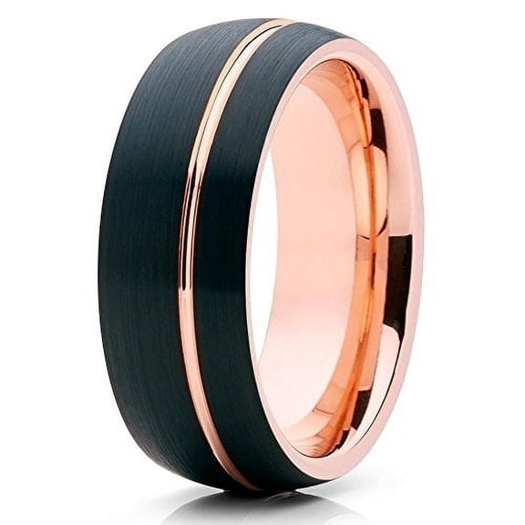 Silly Kings Jewelry 8mm Brushed Black Tungsten Carbide Wedding Band Rose Gold Groove Inlay Dome Unisex Ring 10 (10)