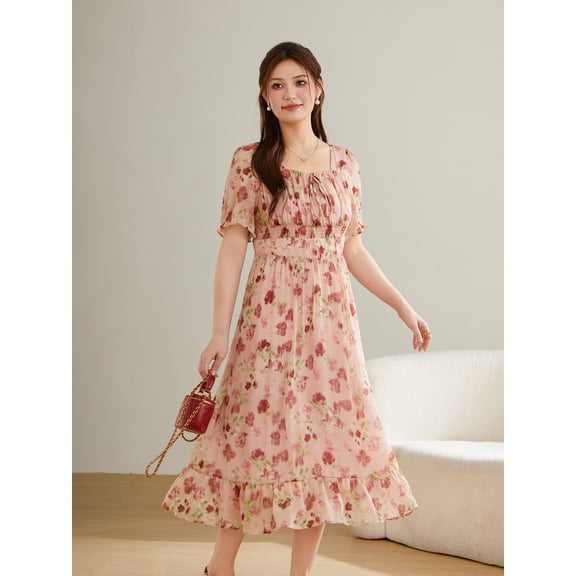 Floral temperament waist dress