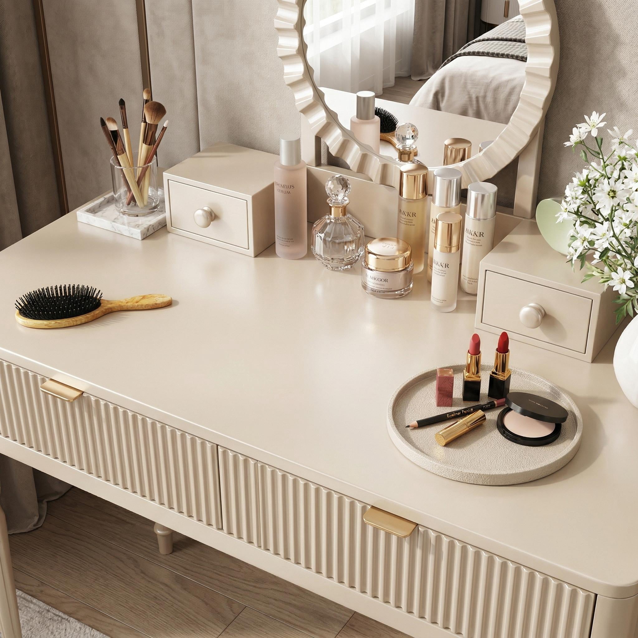 Homy Casa Makeup Vanity Table with Round Mirror, 4 Drawers & Stool, Cream White
