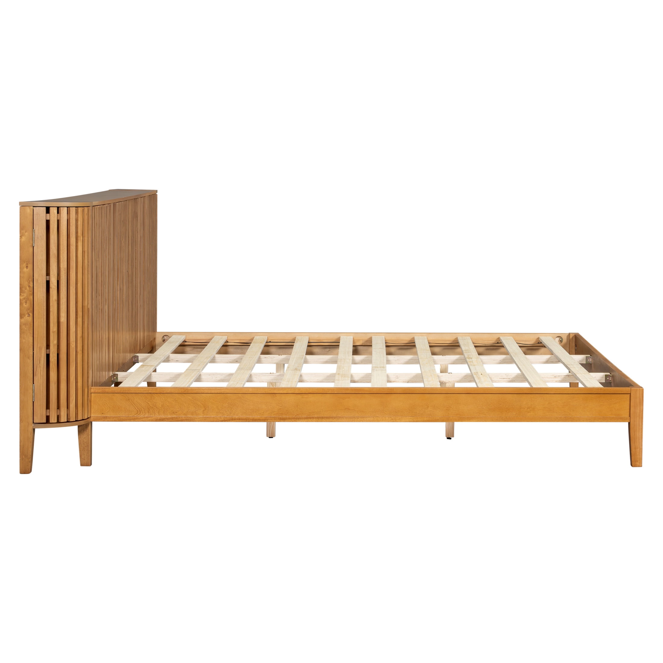 Christopher Knight Home King Size Pine Wood Bed Frame with Slat Headboard and Side Storage Cabinets, Natural