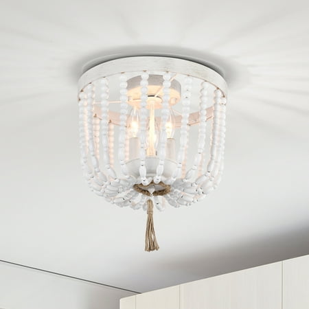

LaLuLa Wood Beaded Flush Mount Chandelier White Light Fixture Ceiling 3-Light