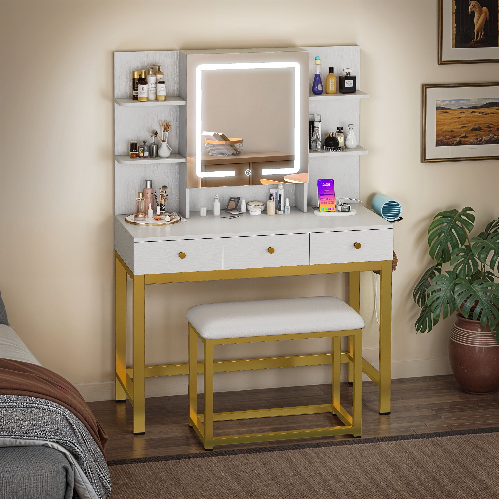Dextrus Vanity Desk Set with Light Mirror & Power Outlet, Makeup Table with 3 Drawers, Adjustable Cabinet/Makeup Vanity Stool for Women, Girls - White