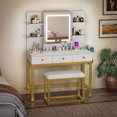thumbnail image 2 of Dextrus Vanity Desk Set with Light Mirror & Power Outlet, Makeup Table with 3 Drawers, Adjustable Cabinet/Makeup Vanity Stool for Women, Girls - White, 2 of 10