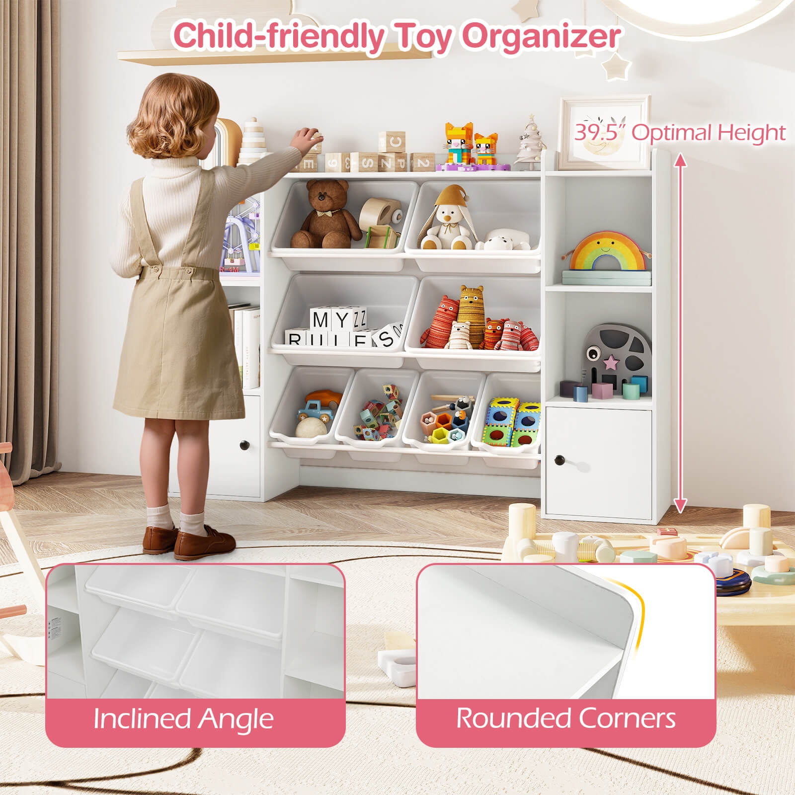Costway Kids Toy Storage and Bookshelf with 8 Boxes Open Shelves & 2 Single-door Cabinets White