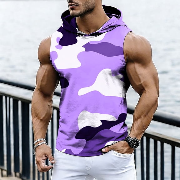 Mifsaly Mens Workout Tank tops Camo Print Sleeveless Hooded Shirts Breathable Lightweight Muscle Fit Training Performance Activewear Purple,XXL