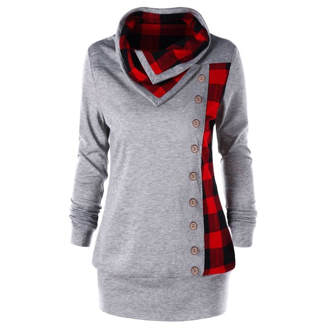 Qiopertar Mode Femmes Col Rabattu Bouton Plaid Patchwork Chandail en Molleton Blouse Offres de la Semaine Liquidation à Moins de 5$ jusqu'à 90 % de Réduction