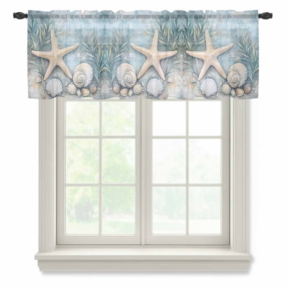 Coastal Starfish Valance Curtains for Kitchen/Living Room/Bathroom/Bedroom Window,Rod Pocket Small Topper Half Short Window Curtains Sheer Scarf,Beach Summer Starfish Nautical Shell Blue 54"x18"
