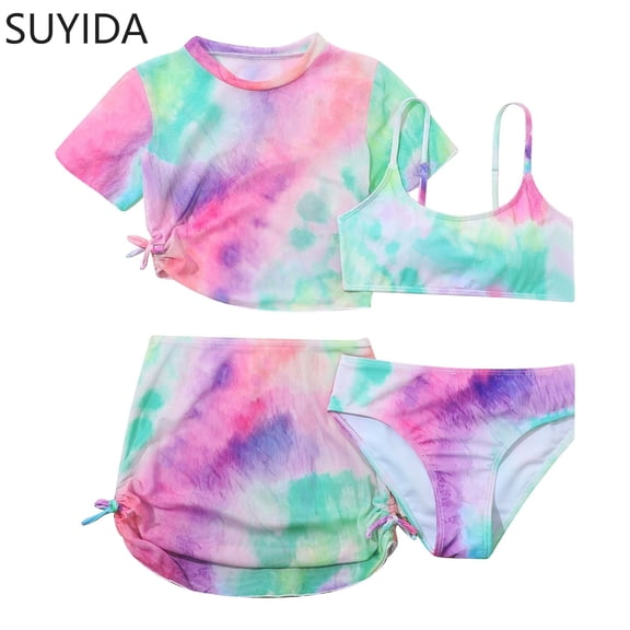 Girls Swimsuit Ribbed Bikini Set Adjustable Straps Tankini Set 3pcs Ruched Color Block Bathing Suit for Girls