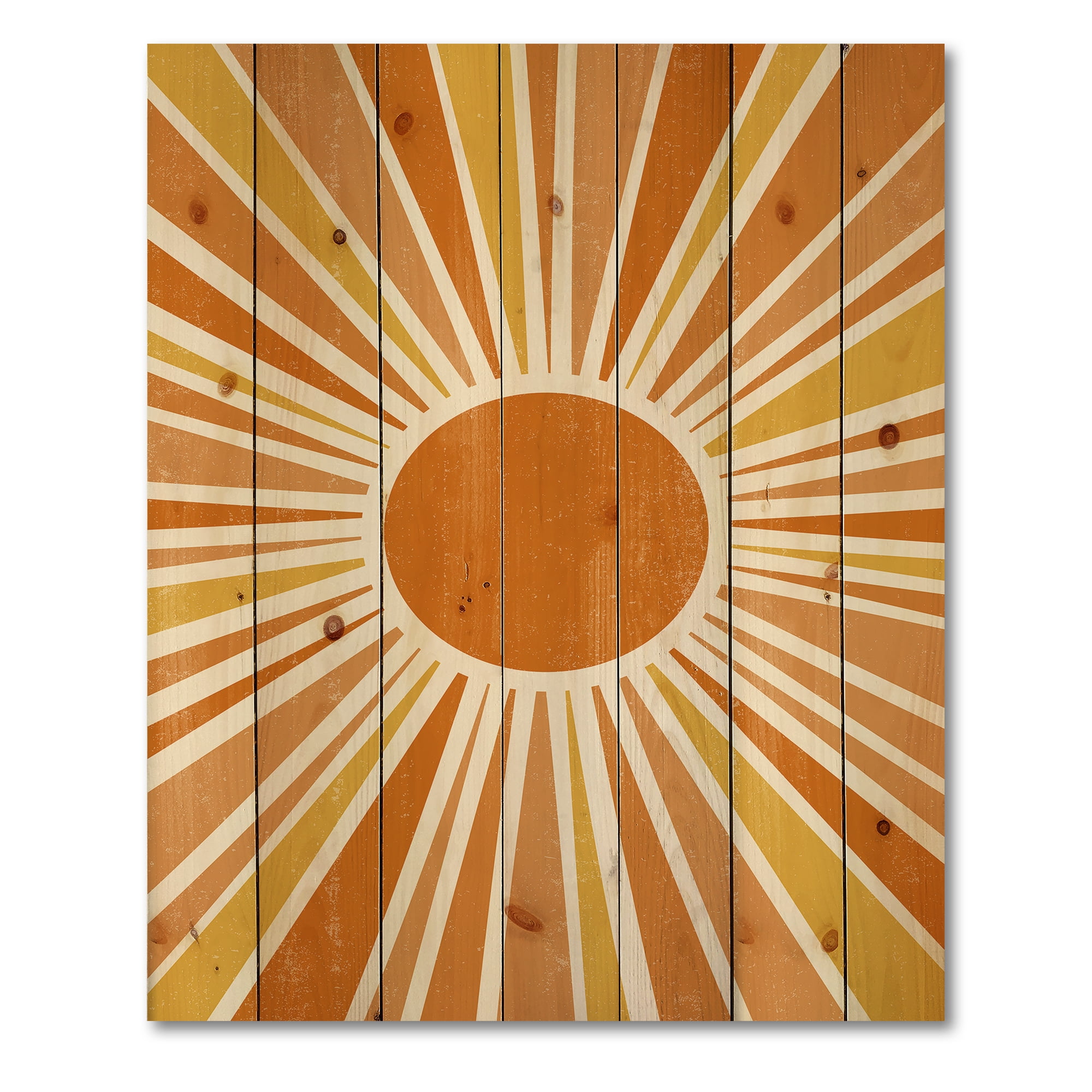 Designart 'Minimal Bright Shining Orange Sun Rays I' Modern Print on Natural Pine Wood