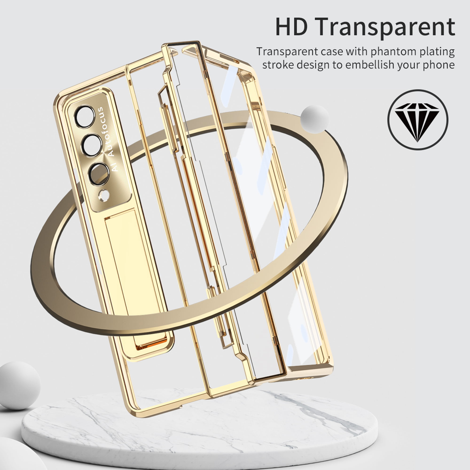 TECH CIRCLE Galaxy Z Fold 4 Case,  Ultra-Thin Luxury Perfect Clear Plating Hard PC Crystal Transparent Kickstand Cover Anti-Scratch Shockproof Protection Case for Samsung Galaxy Z Fold 4 5G, Gold