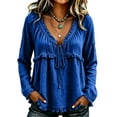 thumbnail image 2 of longantii Boho Tops For Women Vintage V Neck Long Sleeve Shirts Frayed Raw Hem Gauze Blouses Relaxed Empire Waist Beach Vacation Outfit Blue M, 2 of 6