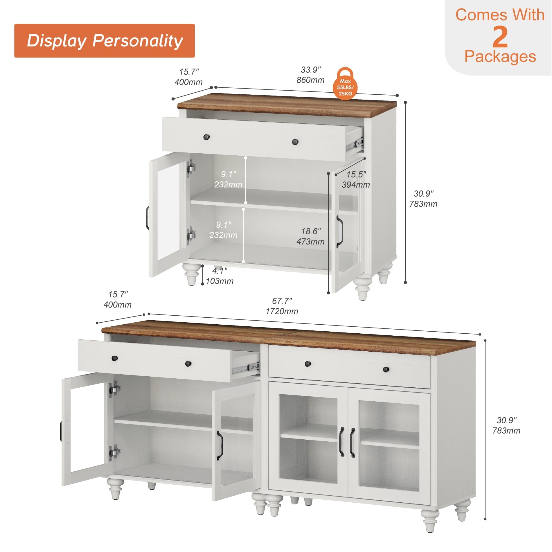 68" White Glass Door Buffet Cabinet with Drawer, Farmhouse Sideboard with Storage