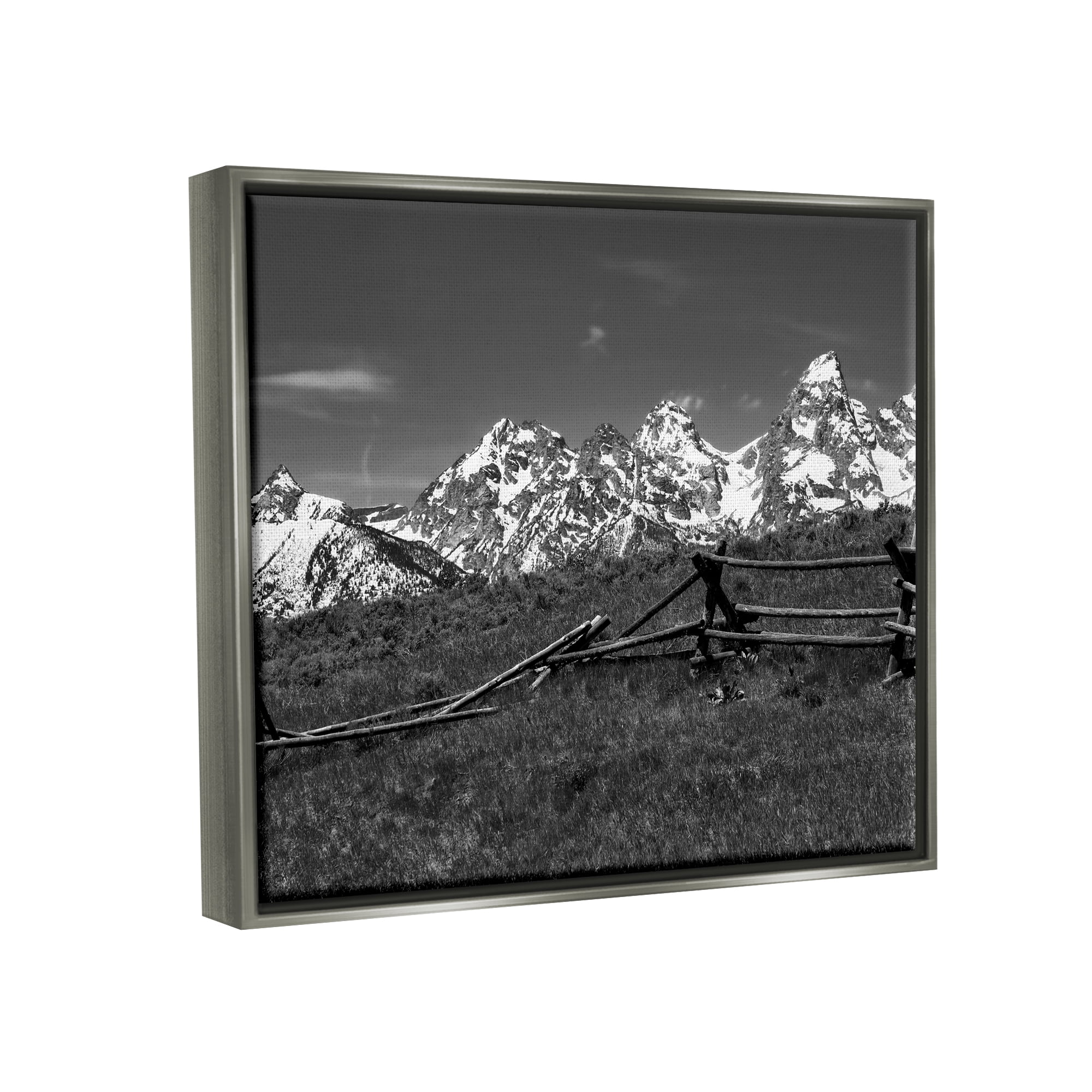 Stupell Industries Mountain Peaks & Fence Landscape Photography Gray Floater Framed Canvas Art Print Wall Art, 31 x 25