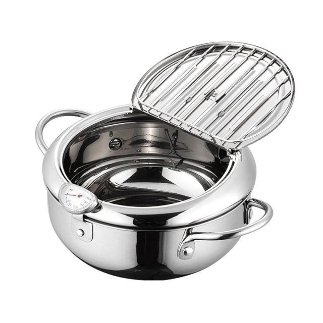 Deep Fryer Pot Tempura Frying Pan 304 Stainless Steel Flat Bottom Japanese Style Cookware W/Lid & Temperature Control Thermometer