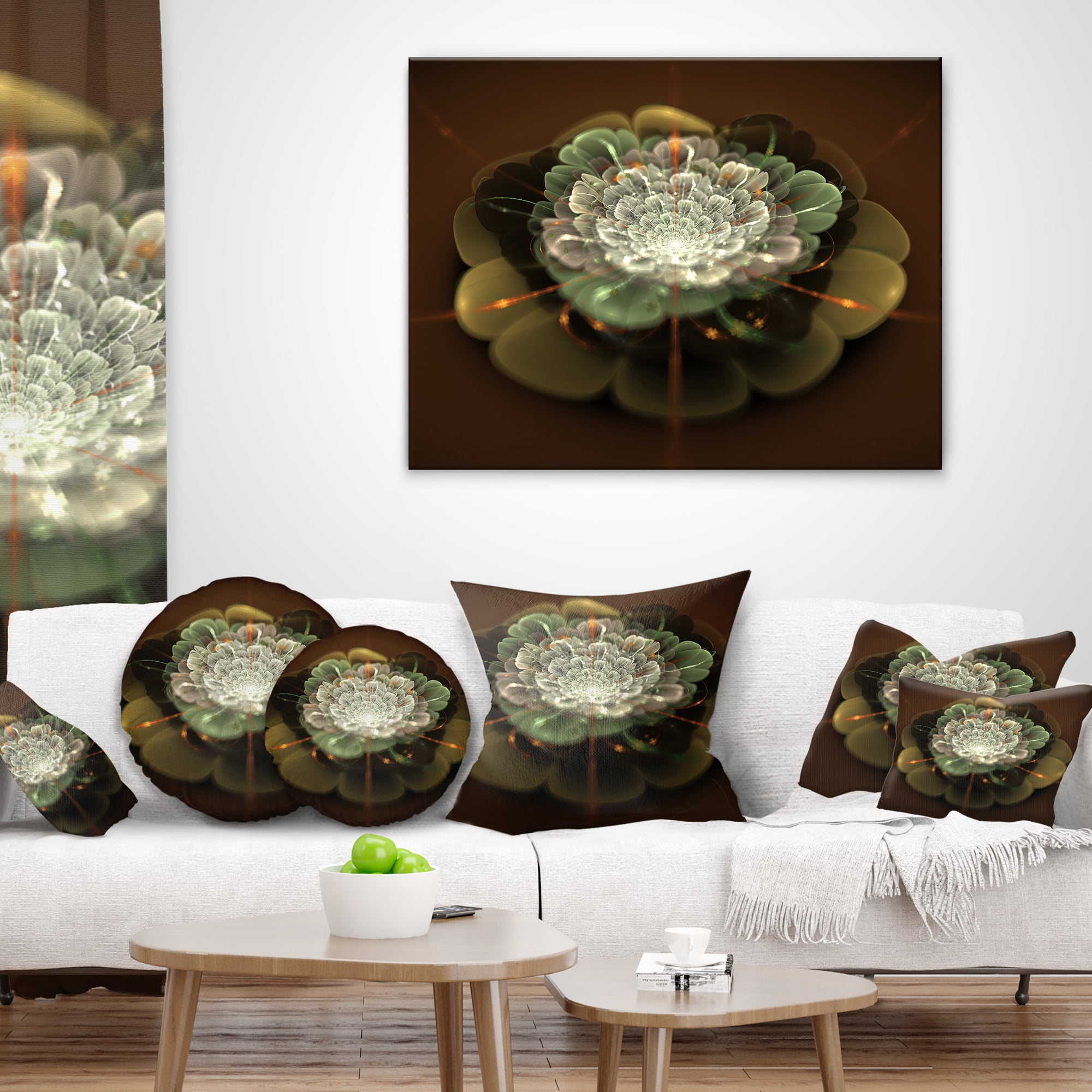 Designart White Fractal Flower on Brown - Flower Throw Pillow - 16x16