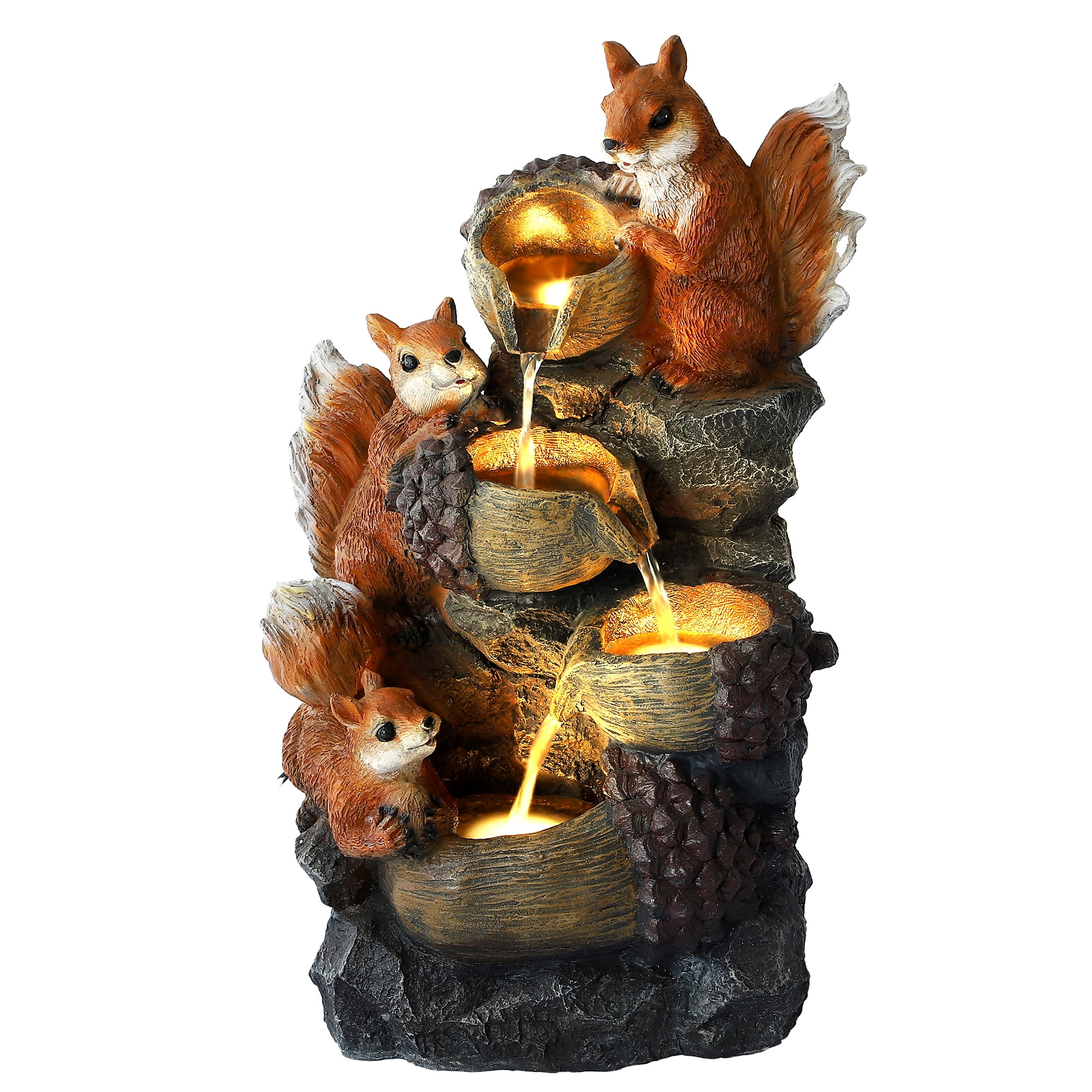 Haverchair 23.6" Outdoor Water Fountain with LED Lights, 4-Tier Squirrels Hazelnut Bowls Garden Fountain, Modern Cascading Waterfall Fountains for Garden, Patio, Backyard, Deck, Porch and Home Decor