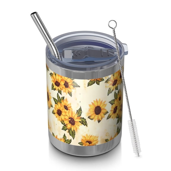 12oz Tumblers Beige Sunflower Pattern Vacuum Insulated Stainless Steel Travel Tumbler Cups Mug with Lid and Straw for Beer,Coffee,Beverages with Cleaning Brush for Cold & Hot Drinks