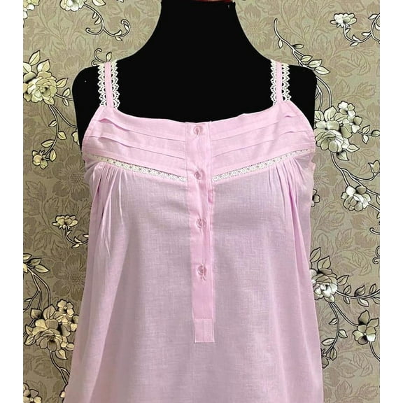 SoieRose SR1108 Women's Cotton Victorian Nightgown – Pink, Sleek Fit with Lacey Straps