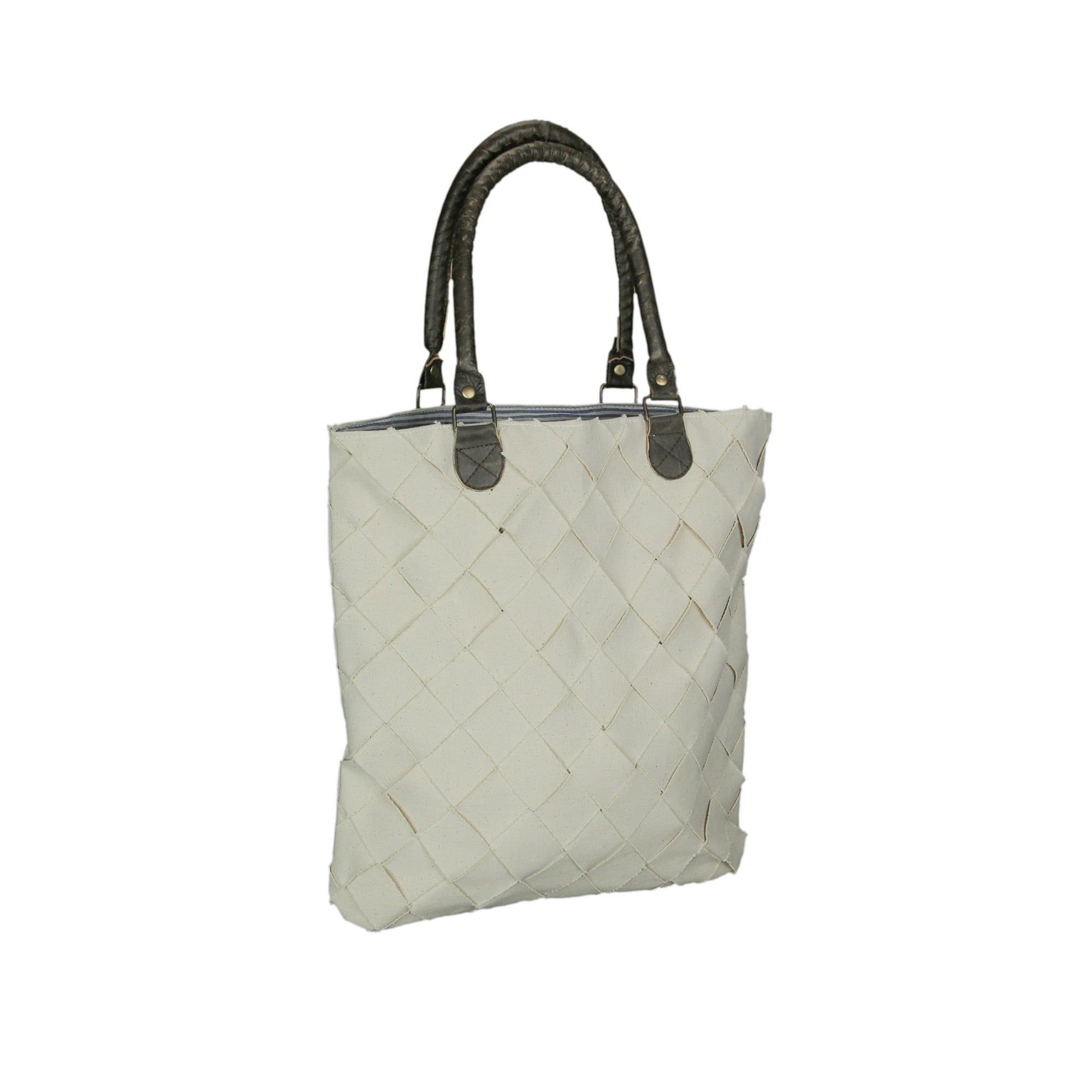 Lattice Basket Weave Cotton Tote Bag W Leather Handles 16 X 15 Inches