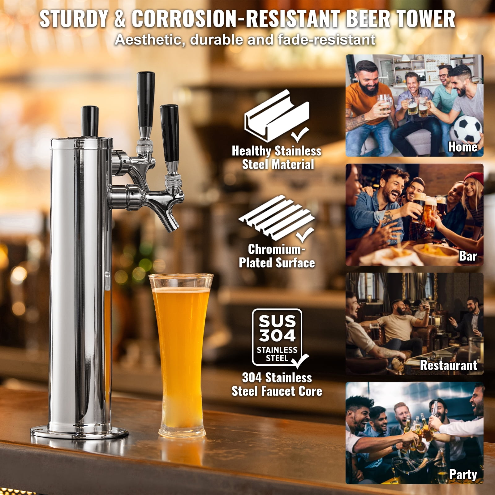 VEVOR Triple Taps Draft Beer Tower Dispenser, Stainless Steel Keg Beer Tower, Kegerator Tower Kit with Pre-Assembled Tubing and Self-Closing Faucet Shanks for Party, Bar, Pub, Restaurant
