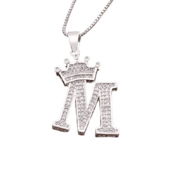 1.50Ct Real Moissanite Crown Initial Letter M Pendant 14K White Gold Plated