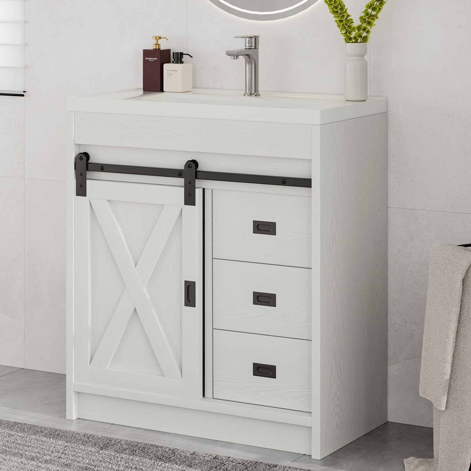DreamCurship 32" Bathroom Vanity with Sink Combo, White Bathroom Storage Cabinet with Drawers, Farmhouse Bathroom Vanity Cabinet with Sliding Barn Doors, White