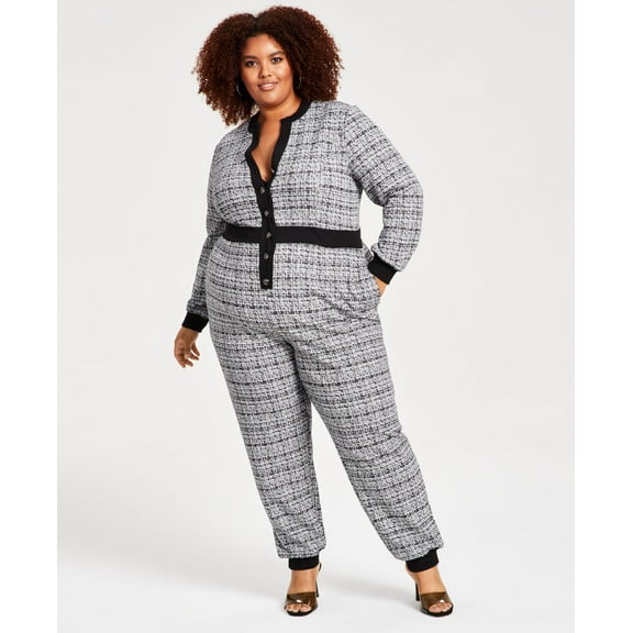 Plus Size Tweed Contrast-Trim Button-Front Jumpsuit Black/White 4X