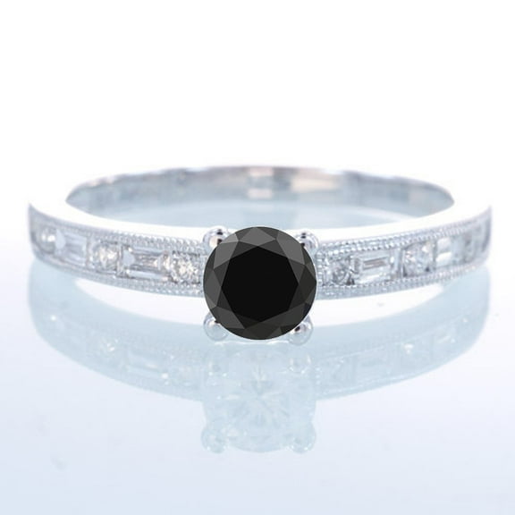 1.5 Carat Round cut Vintage Black Diamond and Diamond Engagement Ring on 10k White Gold