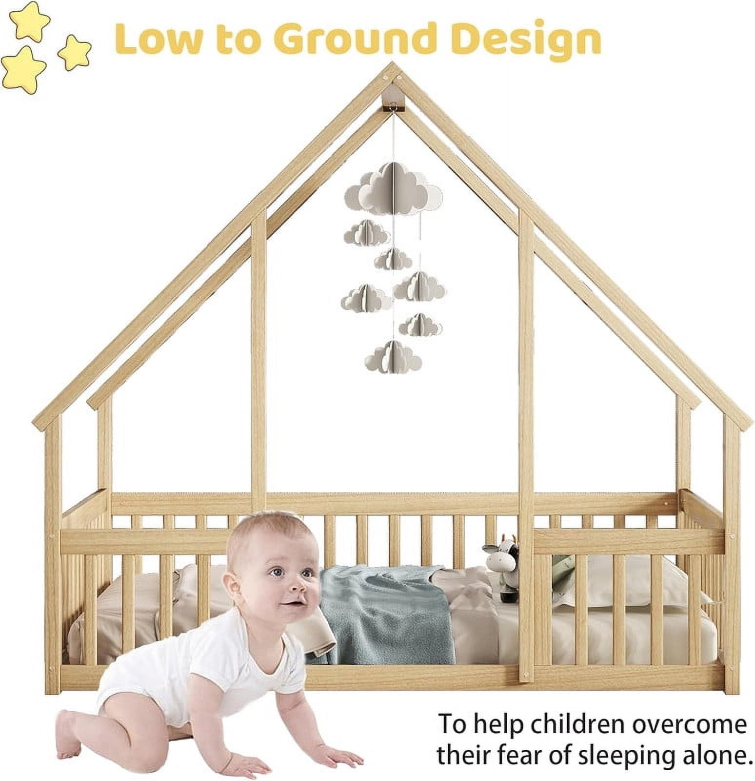 Duxelifin Twin Size House Floor Bed Frame with Triangular Roof and Fence Rails, Wooden Floor Bed Frame Girls,Boys, Montessori Floor Bed, Easy Assembly (Natural)